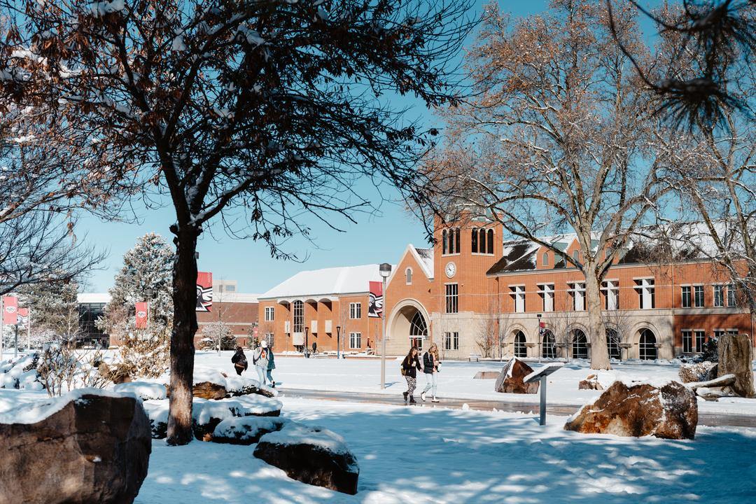 campus during winter with students walking