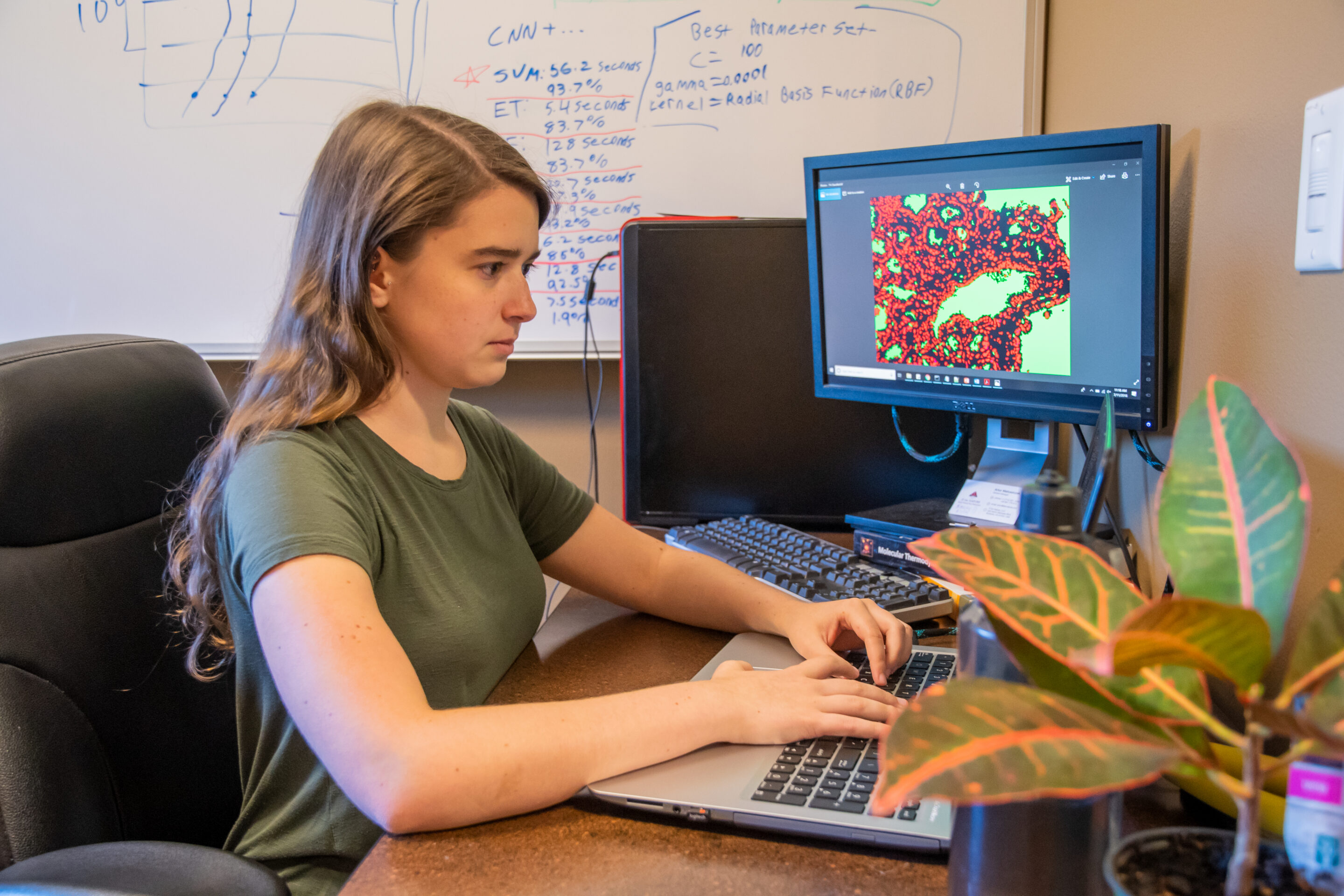 Student working on a computer. with data on the screen